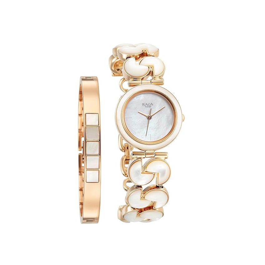 Titan Raga Power Pearls Quartz Analog Mother of Pearl Dial Metal Strap Watch for Women-NS95233WM01F/NT95233WM01F