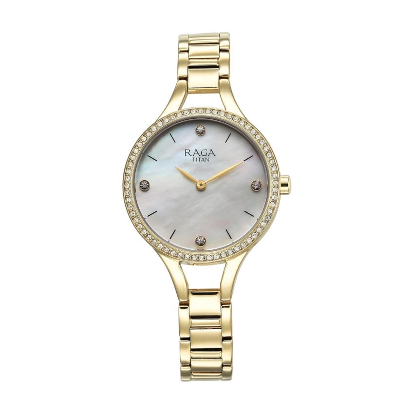 Titan Raga Showstopper Quartz Analog Mother of Pearl Dial Metal Strap Watch for Women-95275YM01/NT95275YM01