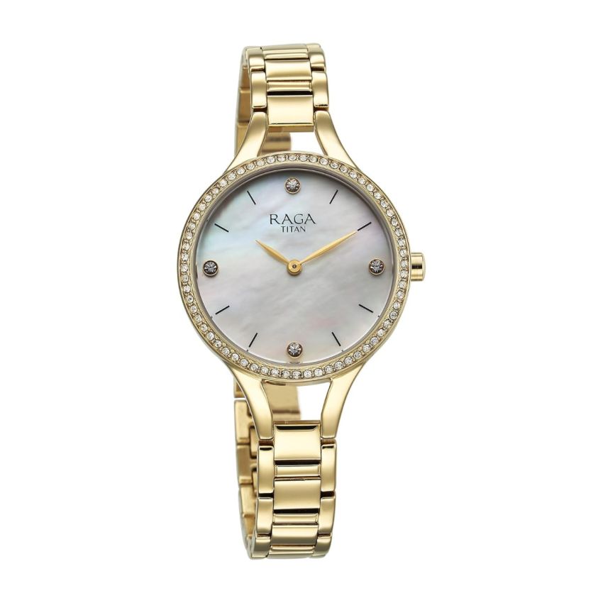 Titan Raga Showstopper Quartz Analog Mother of Pearl Dial Metal Strap Watch for Women-95275YM01/NT95275YM01