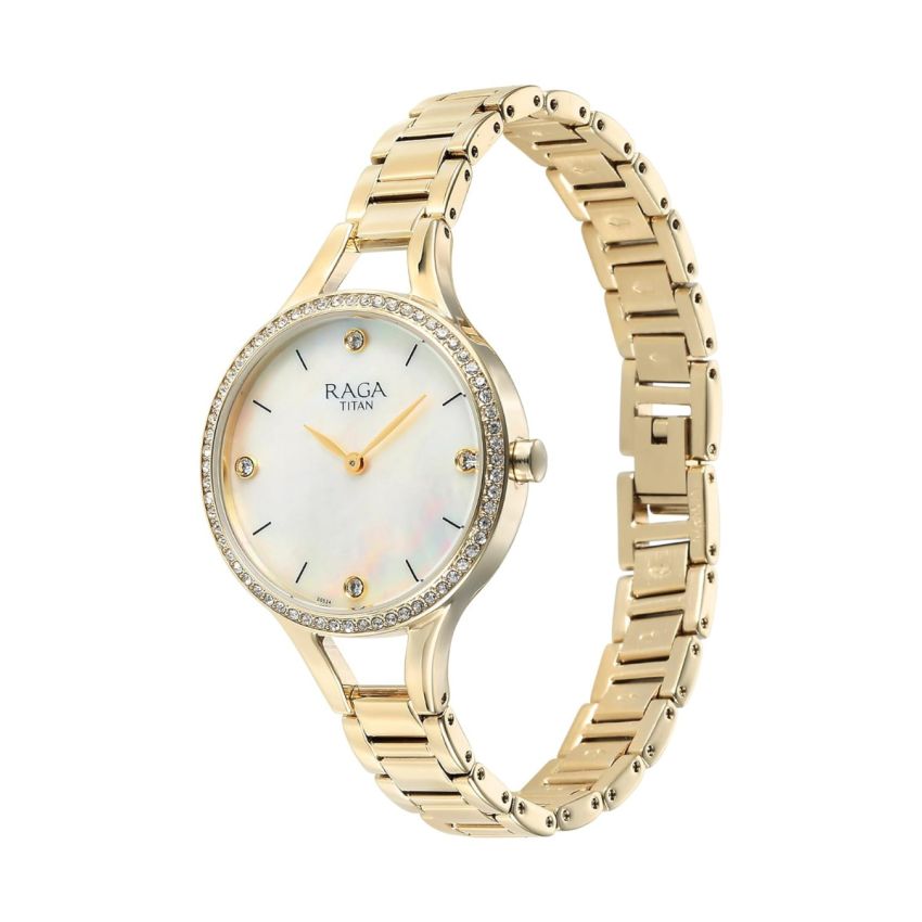 Titan Raga Showstopper Quartz Analog Mother of Pearl Dial Metal Strap Watch for Women-95275YM01/NT95275YM01