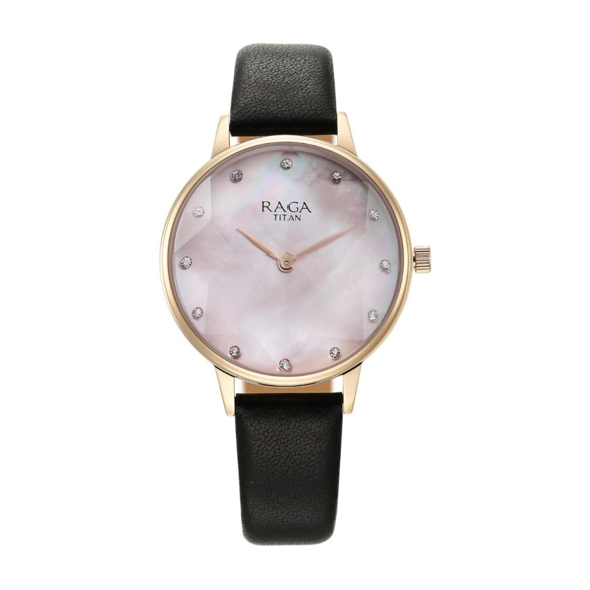 Titan Raga Showstopper Quartz Analog Mother of Pearl Dial Leather Strap Watch for Women-95274WL01/NT95274WL01