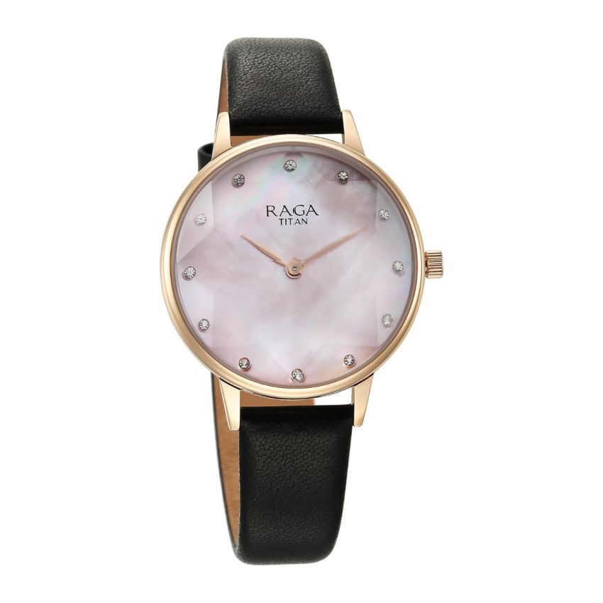 Titan Raga Showstopper Quartz Analog Mother of Pearl Dial Leather Strap Watch for Women-95274WL01/NT95274WL01