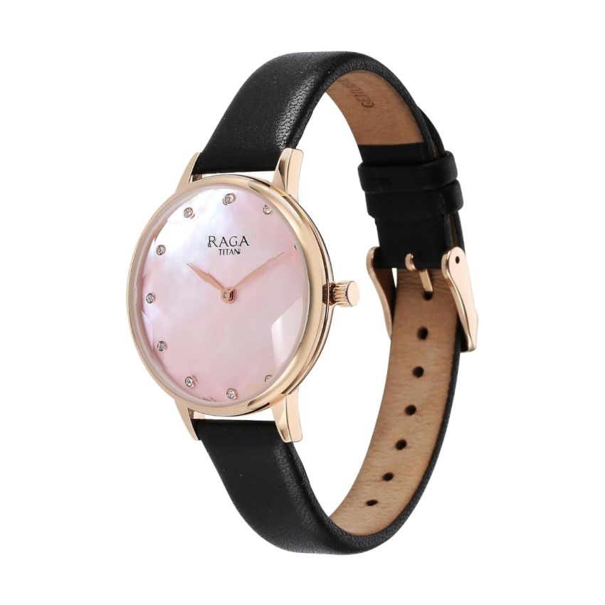 Titan Raga Showstopper Quartz Analog Mother of Pearl Dial Leather Strap Watch for Women-95274WL01/NT95274WL01