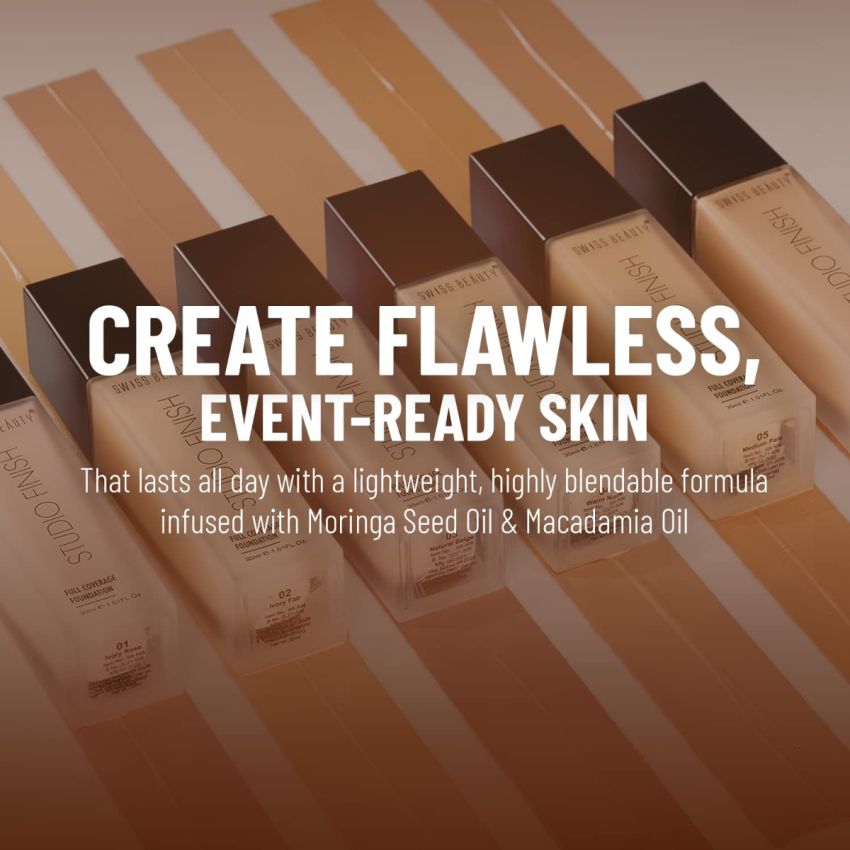 Swiss Beauty Full coverage Foundation Studio Finish, Face Makeup, Shade- Warm Nude, 30ml