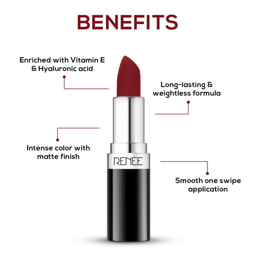 RENEE Stunner Matte Lipstick - Free Spirit 4gm - Intense Color Pay Off, Full Coverage Long Lasting Weightless Velvety Formula With One Swipe Application - Enriched With Vitamin E & Hyaluronic Acid