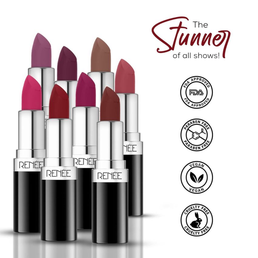 RENEE Stunner Matte Lipstick - Free Spirit 4gm - Intense Color Pay Off, Full Coverage Long Lasting Weightless Velvety Formula With One Swipe Application - Enriched With Vitamin E & Hyaluronic Acid