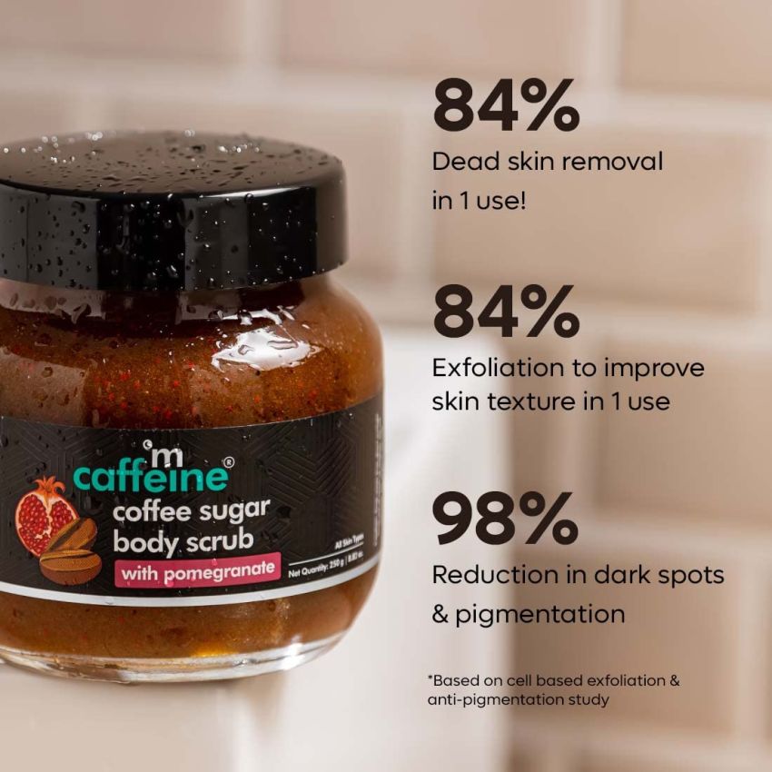 mCaffeine Coffee Sugar Body Scrub with Pomegranate for Gentle Exfoliation & Smoothening | Reduces Dead Skin, Tan & Scars | Fresh Pomegranate Aroma | Ultra Fine Scrub for Men & Women - 250g