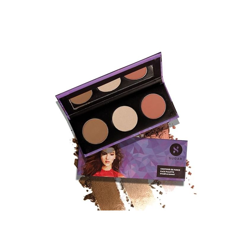 SUGAR Cosmetics Contour De Force Face Palette for Makeup | Includes Matte Bronzer, Highlighter & Blush | Makeup Palette with Built-in Mirror - 01 Subtle Summit
