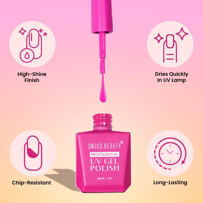 Swiss Beauty Professional UV Gel Nail Polish, Lasts Upto 21 Days, Super Glossy Finish, Non-Chipping, Non-Smudging, Quick Drying Nail Polish, Top Coat, 15 ml