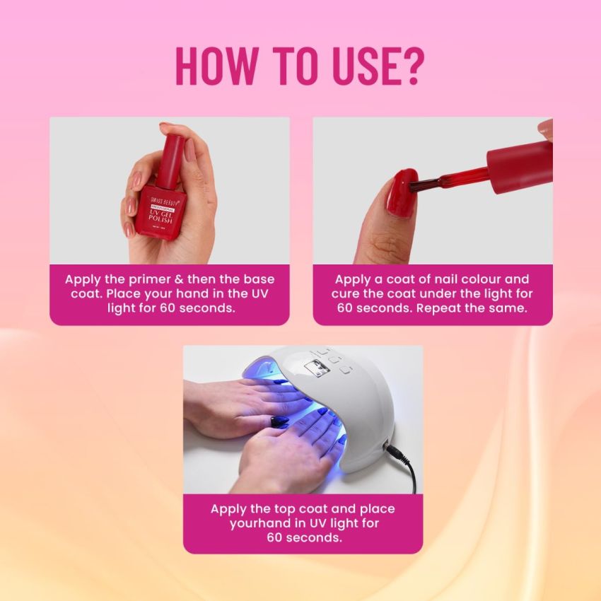 Swiss Beauty Professional UV Gel Nail Polish, Lasts Upto 21 Days, Super Glossy Finish, Non-Chipping, Non-Smudging, Quick Drying Nail Polish, Base Cot, 15 ml