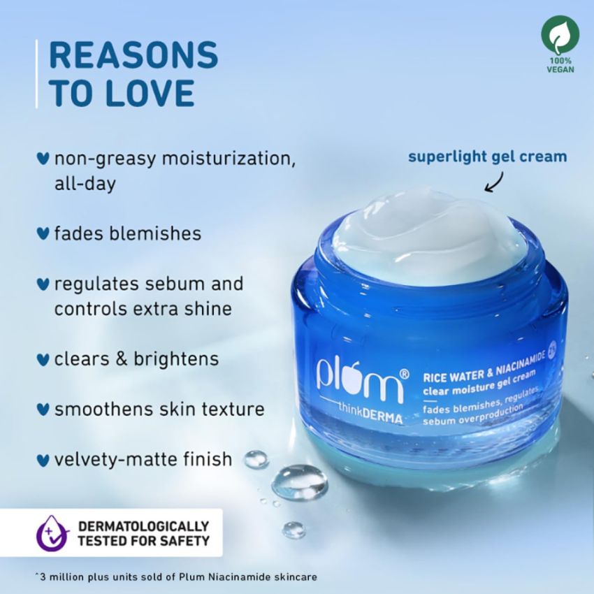 Plum 2% Niacinamide Moisturizer Cream with Rice Water | Super Light Gel for Oily, Dry & Combination Skin | Oil Free Hydration | Fades Blemishes | Brightening Face Moisturizer for Women & Men | 50g