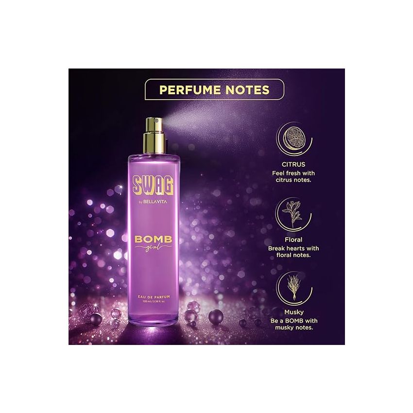 Bella Vita Luxury SWAG BOMB Eau De Parfum Perfume for Woman with Bergamot, Rose, Patchouli & Vanilla|Musky Premium Long Lasting Fragrance Scent 100 ML