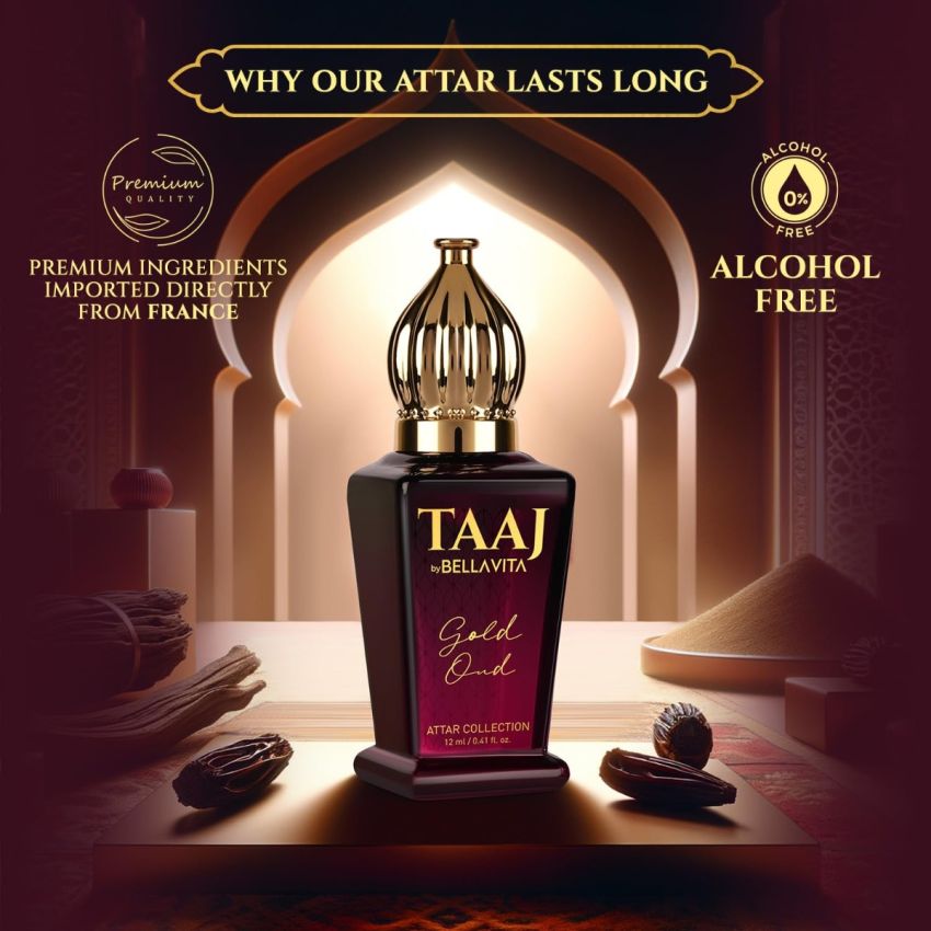 Bella Vita Luxury TAAJ Gold Oud Attar with Caramel, Rose, Jasmine & Orris for Men and Women, Non-Alcoholic Roll On, Long Lasting Fragrance, 12 ML