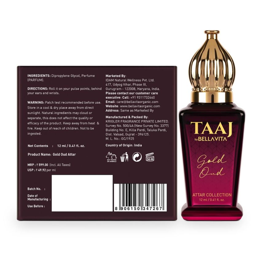 Bella Vita Luxury TAAJ Gold Oud Attar with Caramel, Rose, Jasmine & Orris for Men and Women, Non-Alcoholic Roll On, Long Lasting Fragrance, 12 ML