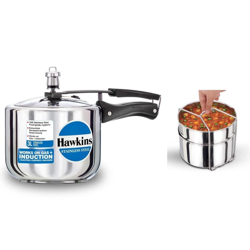 Hawkins Stainless Steel Inner Lid Pressure Cooker, 3 Litres Tall, With Two Dish Set/Separator, 3 Liter