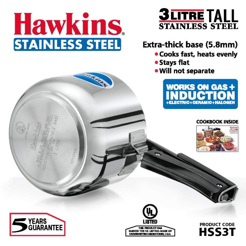 Hawkins Stainless Steel Inner Lid Pressure Cooker, 3 Litres Tall, With Two Dish Set/Separator, 3 Liter
