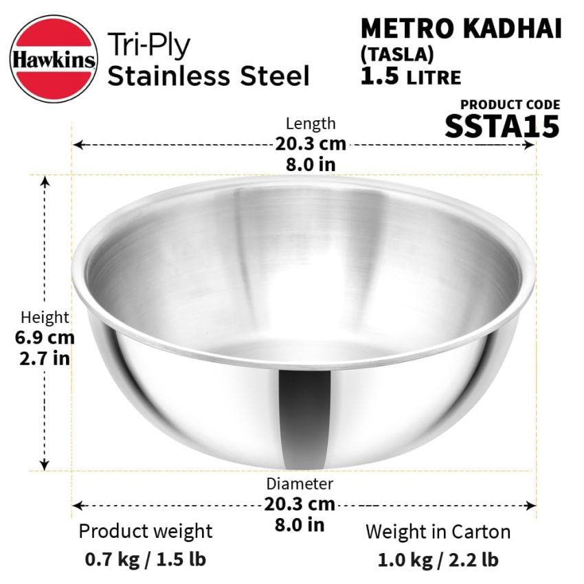 Hawkins Metro Kadhai, Triply Stainless Steel Tasla Set of 2 (1.5 litre and 2 litre)