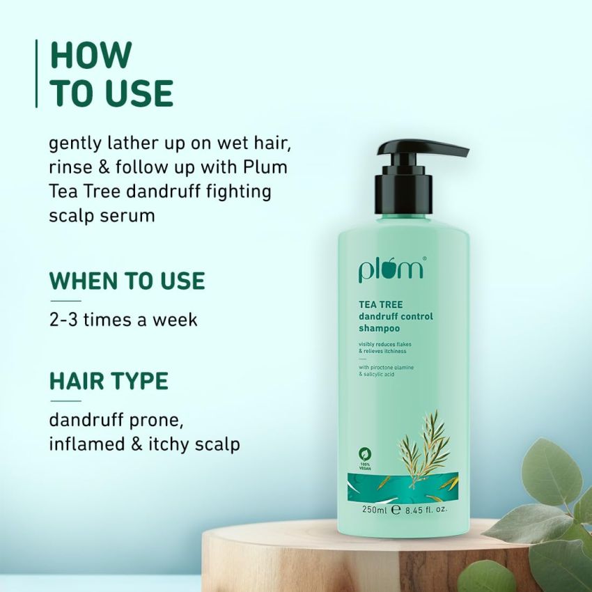 Plum Tea Tree Dandruff Control Shampoo I With Tea Tree Oil, Propanediol Caprylate & Willow Bark Extracts I For All Hair Types Dandruff Control | Sulphate Free | Paraben- Free I 100% Vegan | 250 Ml