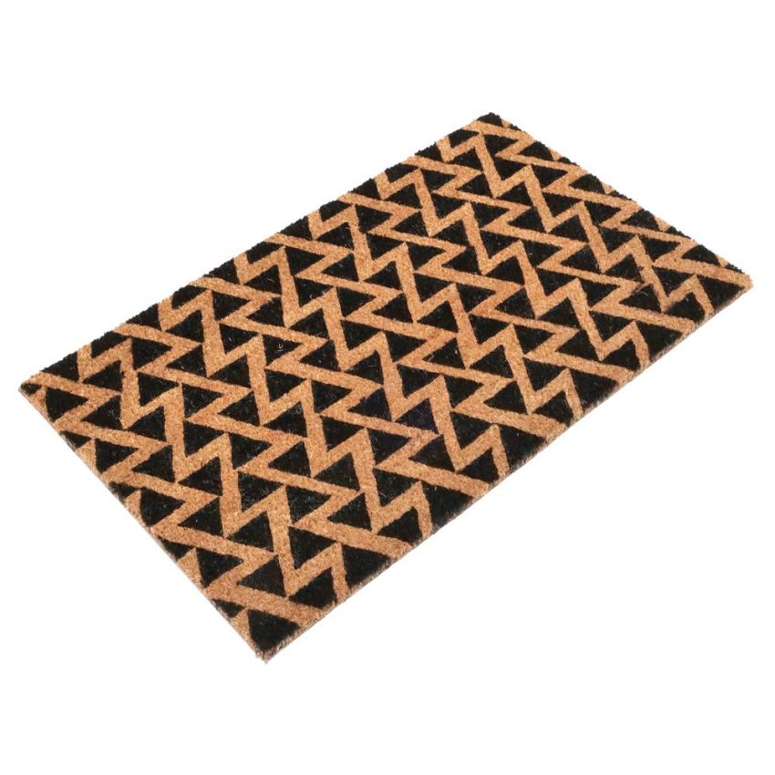 Onlymat Printed Coir Doormat with Non-Slip PVC Backing for Outdoor and Indoors - Durable, Large, Waterproof, and Thick - Chevron Pattern Print, Black and Brown Colored Rug (75x45cm)