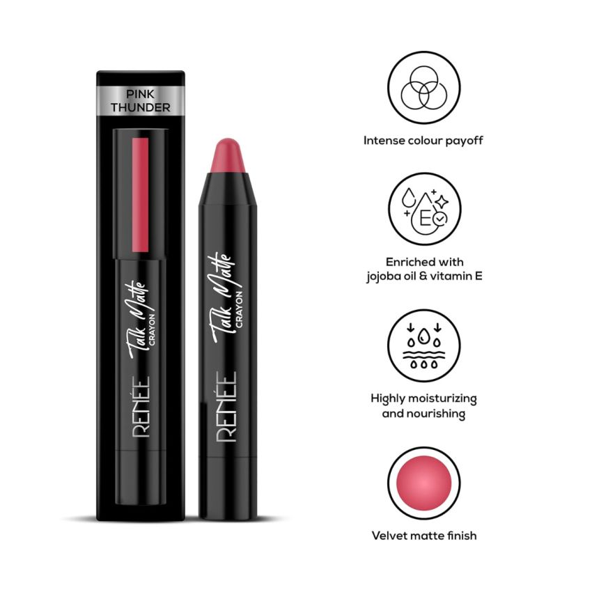 RENEE Talk Matte Crayon Lipstick- Pink Thunder, 4.5g | Hydrating and Long-Lasting Matte Lip Color | Enriched with Vitamin E, Jojoba Oil & Cocoa Butter