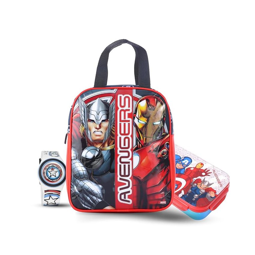 Zoop Avengers Gift Set - Analog Watch + Tiffin Bag + Tiffin Box for Kids