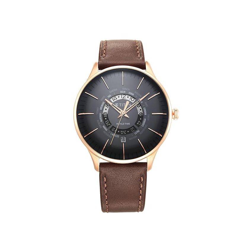 Titan Black Dial World Time with Date Stainless Steel Strap Watch for Men-NS90145WL01/NT90145WL01