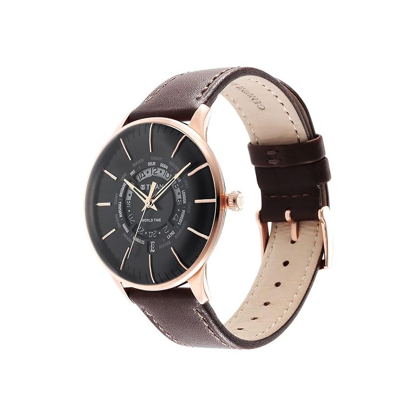 Titan Black Dial World Time with Date Stainless Steel Strap Watch for Men-NS90145WL01/NT90145WL01
