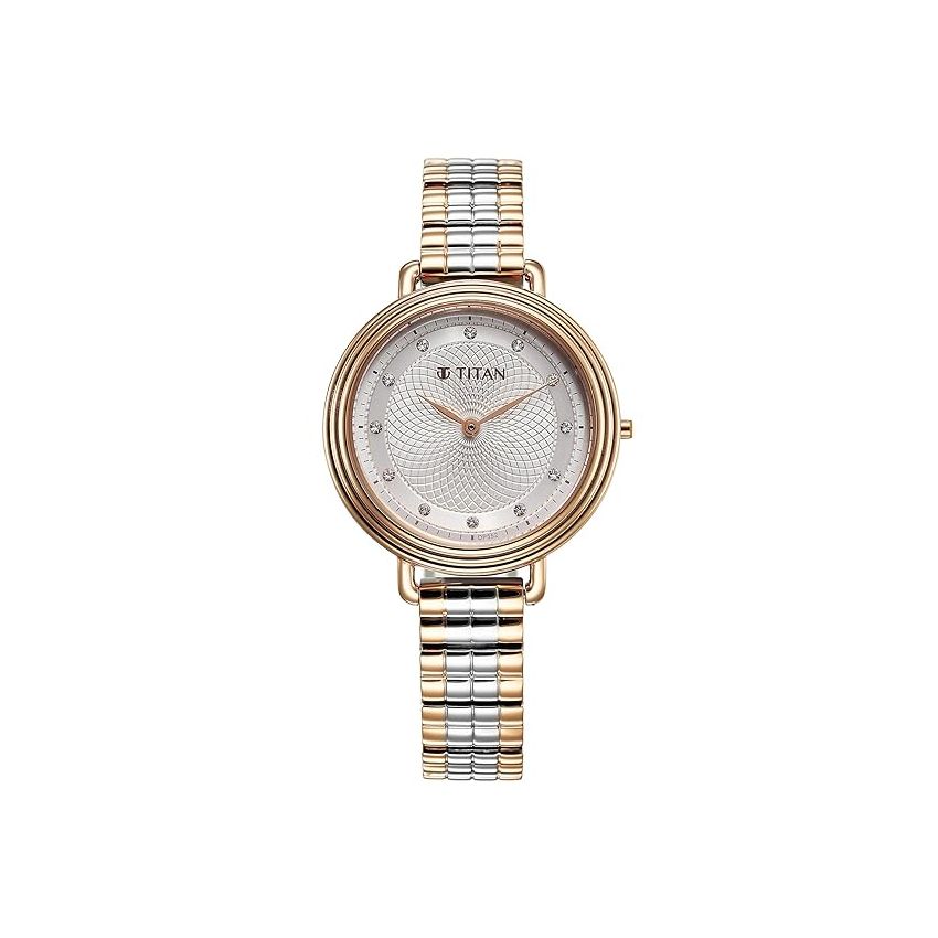 Titan Aura Quartz Analog Silver Dial Stainless Steel Strap Watch for Women-95244KM01/NT95244KM01