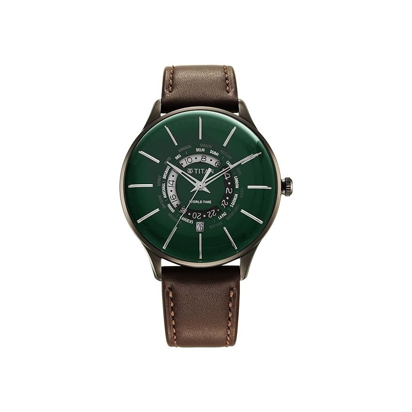 Titan Green Dial World Time with Date Leather Strap Watch for Men-NS90145QL01/NT90145QL01