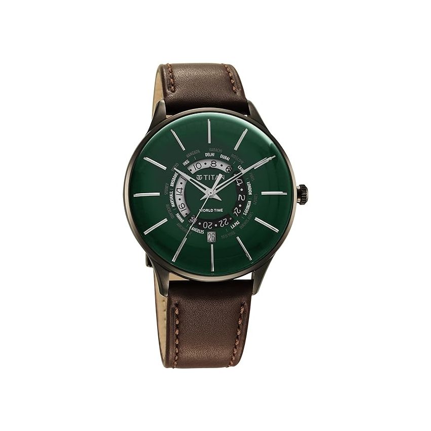 Titan Green Dial World Time with Date Leather Strap Watch for Men-NS90145QL01/NT90145QL01