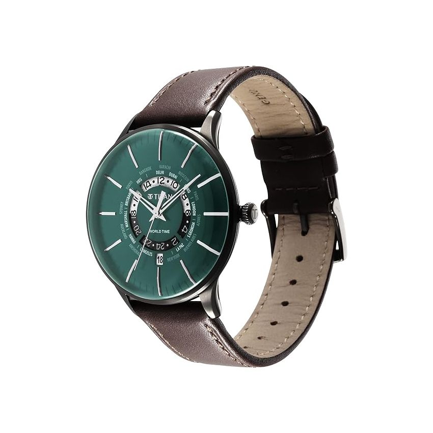 Titan Green Dial World Time with Date Leather Strap Watch for Men-NS90145QL01/NT90145QL01