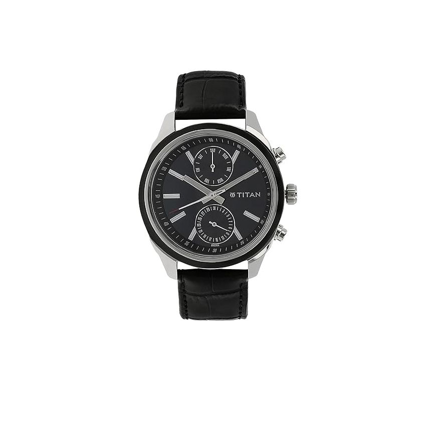 Titan Men's Midnight Precision: Multifunction Blue Dial with Classic Leather Strap Watch-NS1733KL01