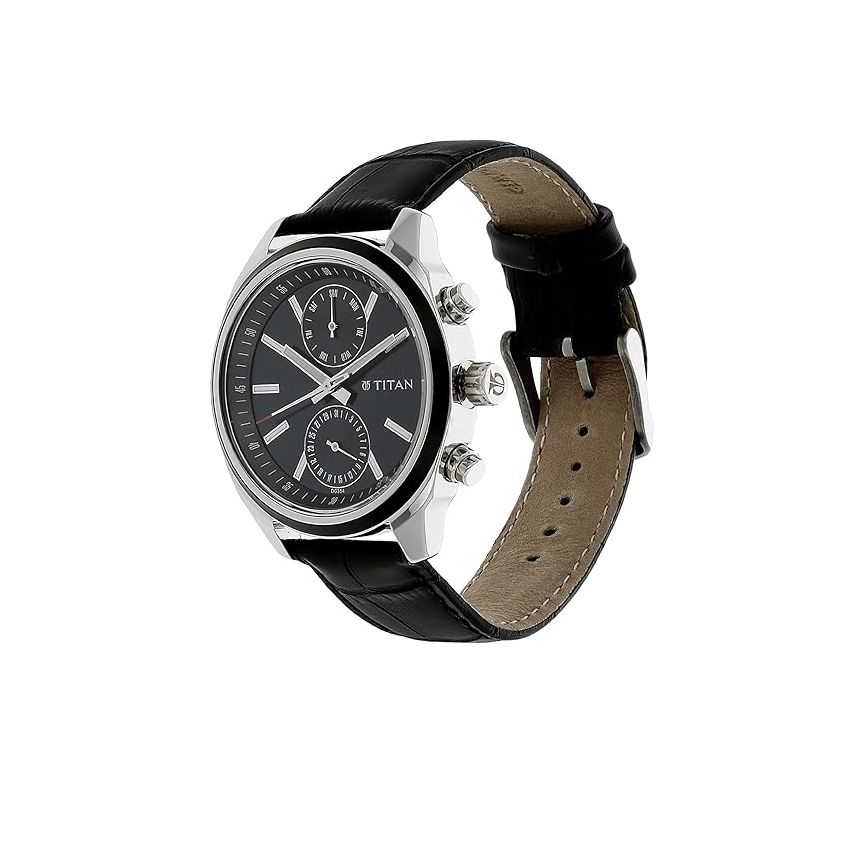 Titan Men's Midnight Precision: Multifunction Blue Dial with Classic Leather Strap Watch-NS1733KL01