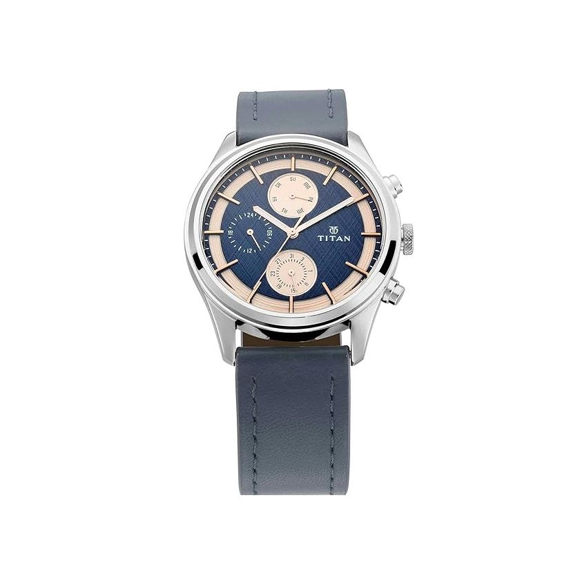 Titan Men's Metropolitan Charm: Men's Multifunctional Blue Watch with Leather Strap-NS1805SL02/NT1805SL02