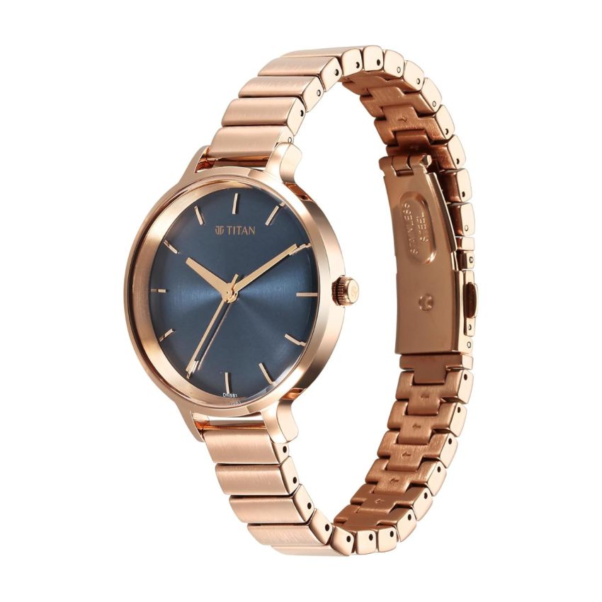 Titan Purple Secluded Quartz Analog Blue Dial with Rose Gold Plating Brass Strap Watch for Women