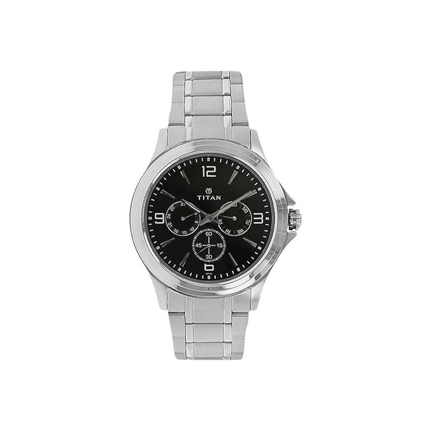 Titan Quartz Multifunction Black Dial Stainless Steel Strap Watch for Men-NS1698SM01/NT1698SM01