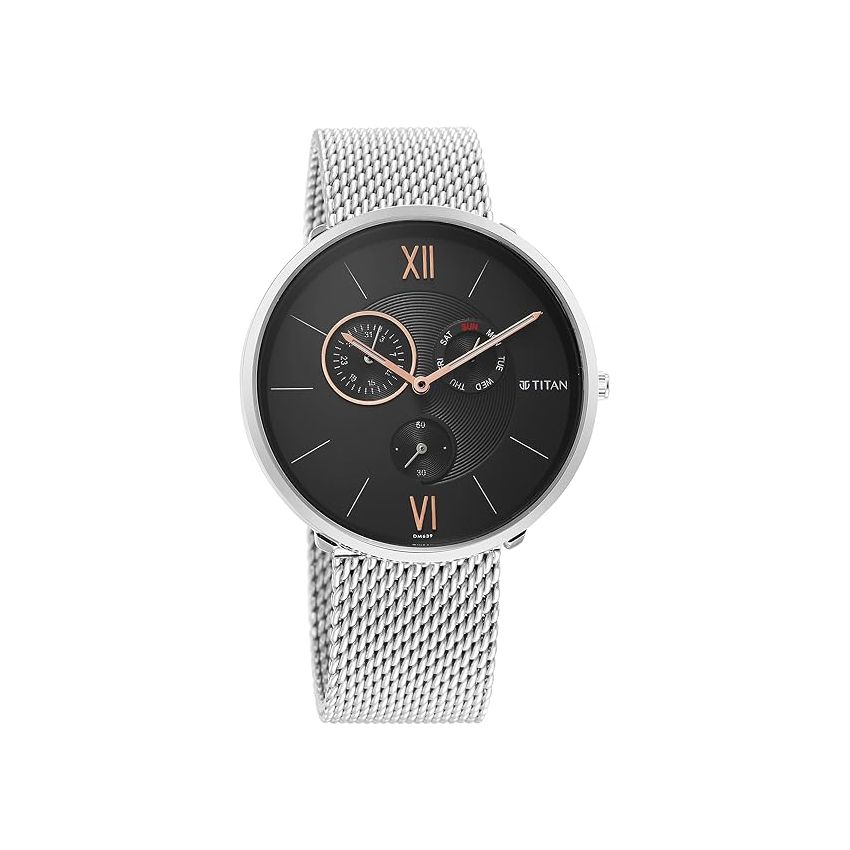 Titan Slim Quartz Multifunction Black Dial Stainless Steel Strap Watch for Men-NR1877SM01