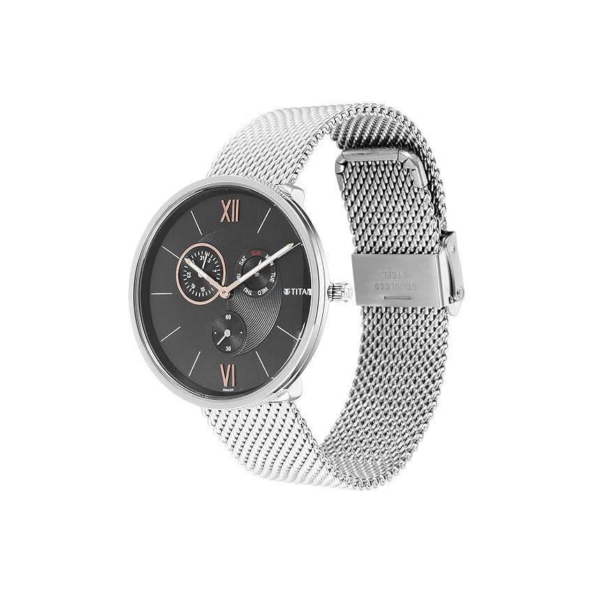 Titan Slim Quartz Multifunction Black Dial Stainless Steel Strap Watch for Men-NR1877SM01