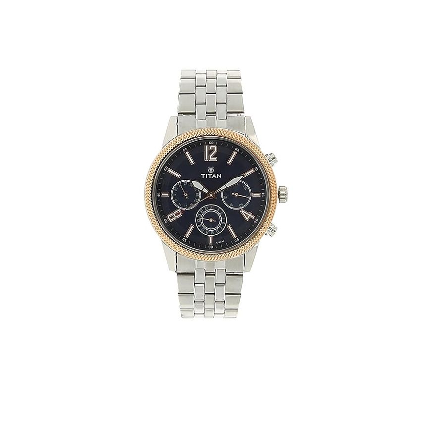 Titan Men's Metropolitan Luxe: Multifunction blue Dial with Two-Tone Stainless Steel Bracelet Watch-NS1734KM01
