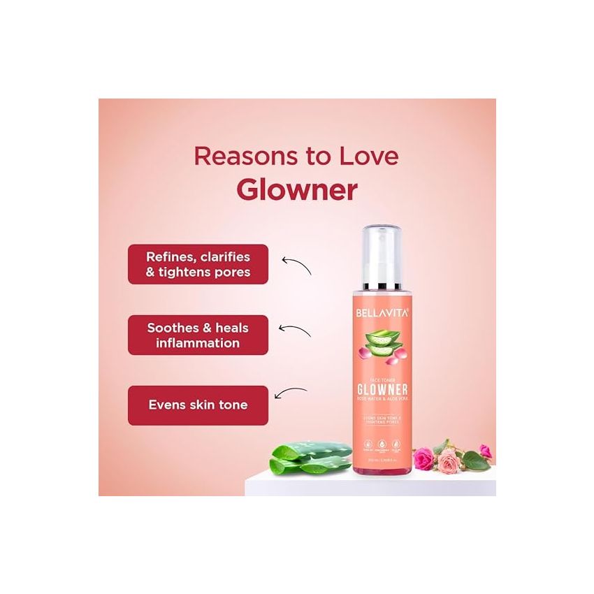 Bella Vita Organic Glowner Face Toner, Alcohol free, Rose Water 200ml Pore Minimizing Tightening Natural Toner Spray for Glowing Skin - All Skin Types
