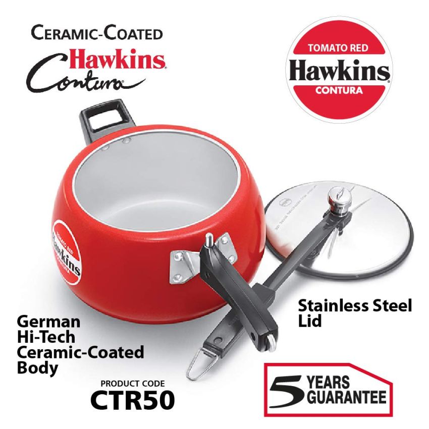 Click to open expanded view   2 VIDEOS     3+ Hawkins 5 Litre Contura Pressure Cooker, Ceramic Coated Handi Inner Lid Cooker, Tomato Red (CTR50)