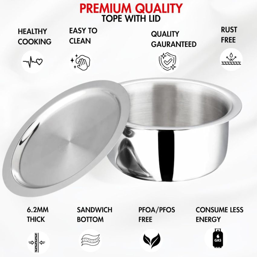 Vinod Platinum Triply Stainless Steel Tope with Stainless Steel Lid 3.5 litres Capacity (20 cm Diameter) - Silver (Induction and Gas Stove Friendly), 5 Years Warranty