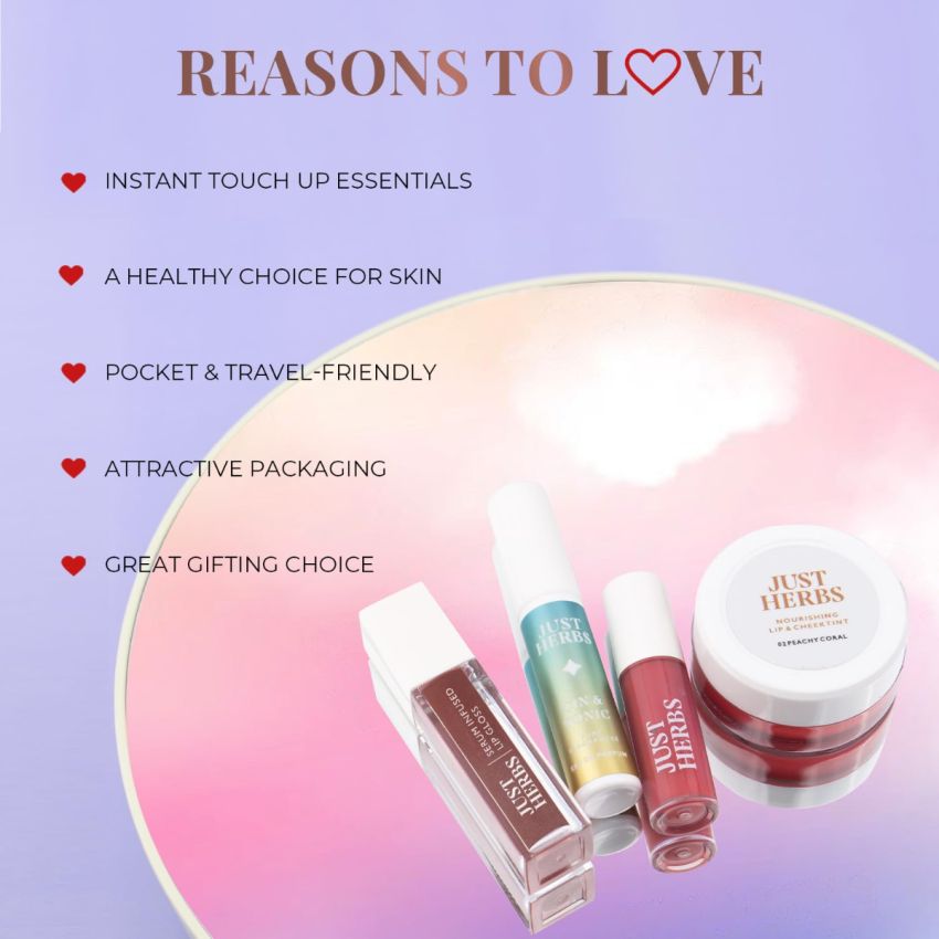 Just Herbs Travel Touch Up Kit Lightweight and Travel Friendly Gift Set of (Liquid Lipstick, Perfume, Lip Cheek Tint & Lip Gloss)