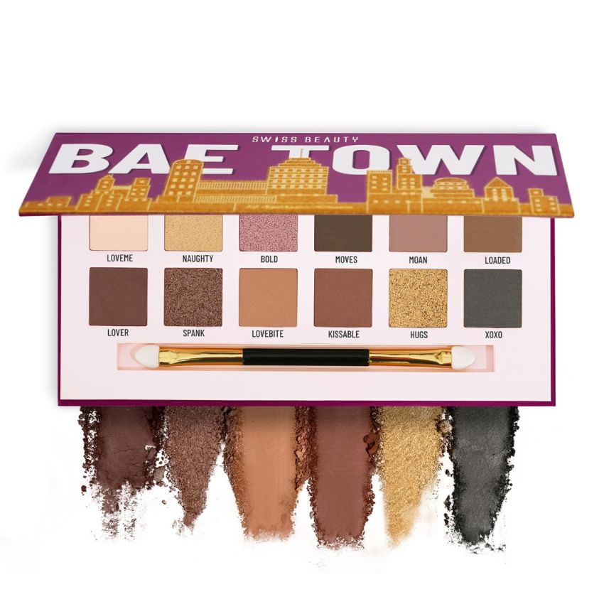 Swiss Beauty Bae Town Eyeshadow Palette with 12 highly pigmented shades | Mix of Mattes, Metallics and Shimmers | Comes with Eye Brush| Shade - Crush Me, 14gm