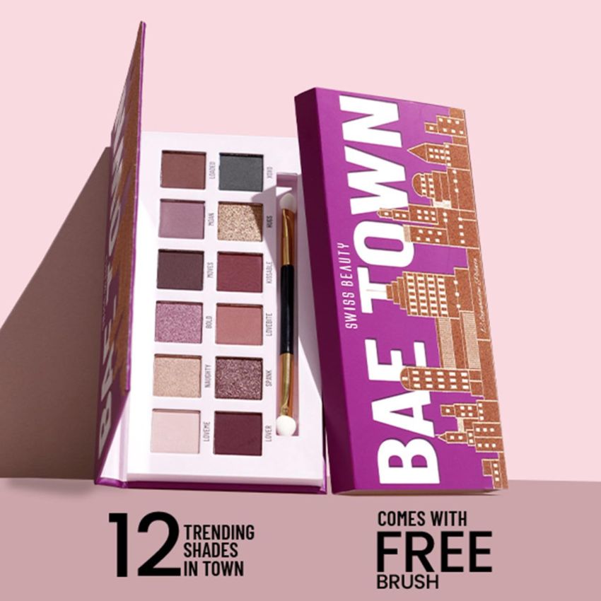 Swiss Beauty Bae Town Eyeshadow Palette with 12 highly pigmented shades | Mix of Mattes, Metallics and Shimmers | Comes with Eye Brush| Shade - Crush Me, 14gm