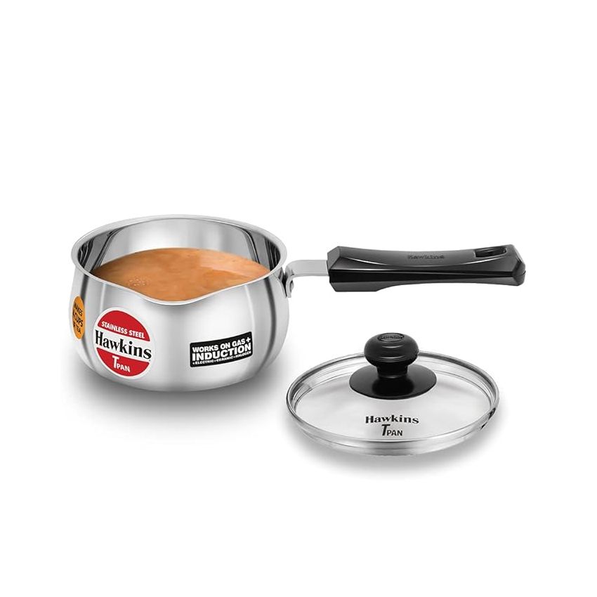 Hawkins 1 Litre Tpan, Stainless Steel Tea Pan with Glass Lid, Induction Sauce Pan, Chai Pan, Small Pan, Silver (SST10G)