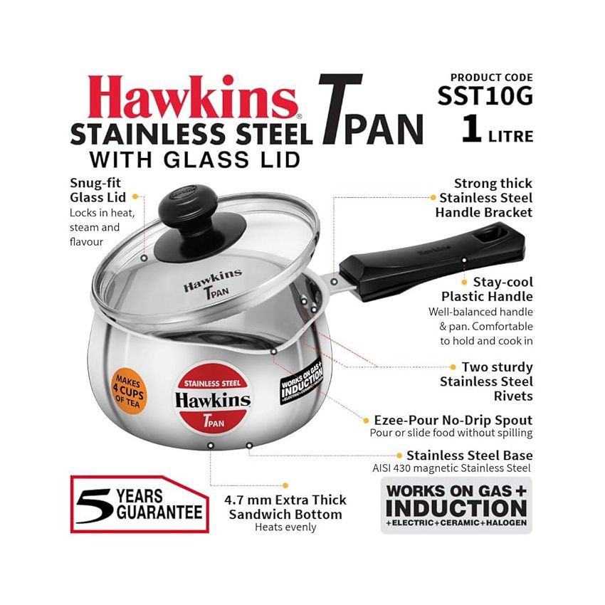 Hawkins 1 Litre Tpan, Stainless Steel Tea Pan with Glass Lid, Induction Sauce Pan, Chai Pan, Small Pan, Silver (SST10G)