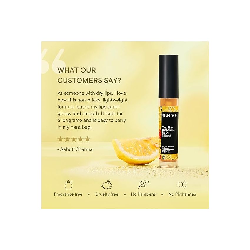 Quench Brightening Korean Lip Oil with Yuzu Vitamin C (Transparent) | Reduces Lip Pigmentation & Lightens Dark Lips | Non-Sticky, Non-Greasy Lip Balm | Made in Korea (5ml)