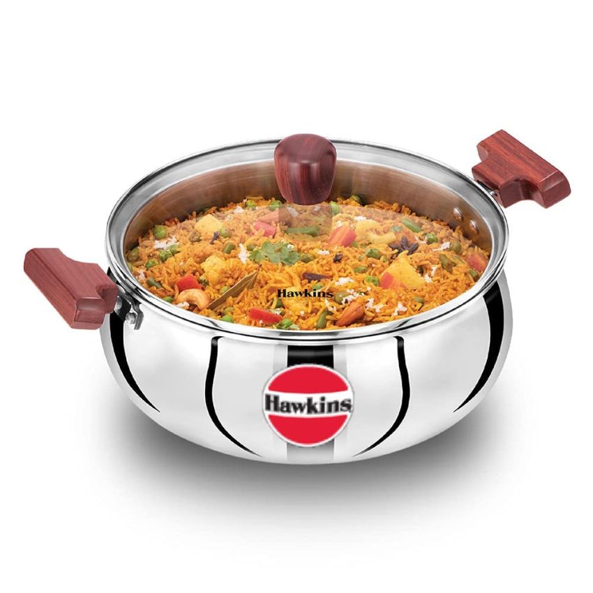 Hawkins 5 Litre Cook n Serve Handi with Glass Lid & Tri-Ply Stainless Steel Induction Compatible Deep Kadhai (Deep-Fry Pan) with Glass Lid, 4 Litre