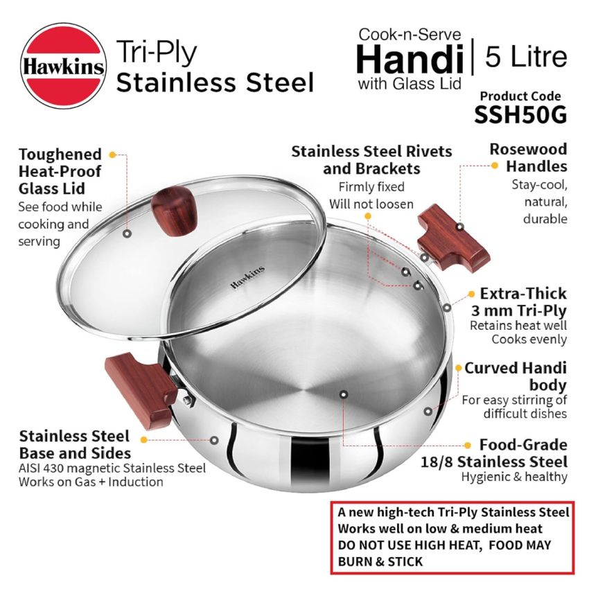 Hawkins 5 Litre Cook n Serve Handi with Glass Lid & Tri-Ply Stainless Steel Induction Compatible Deep Kadhai (Deep-Fry Pan) with Glass Lid, 4 Litre